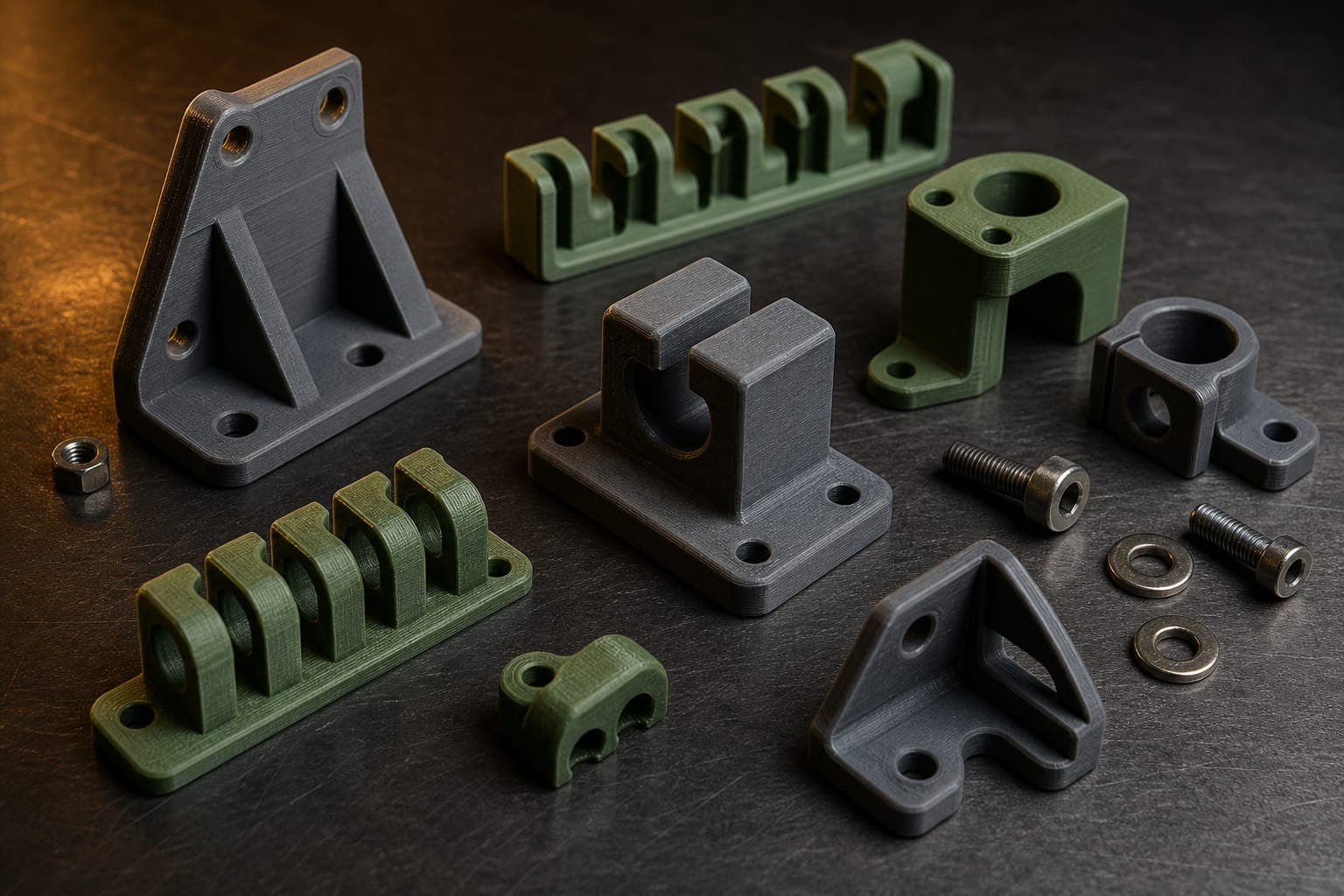 Assortment of 3D printed functional mounting parts and brackets